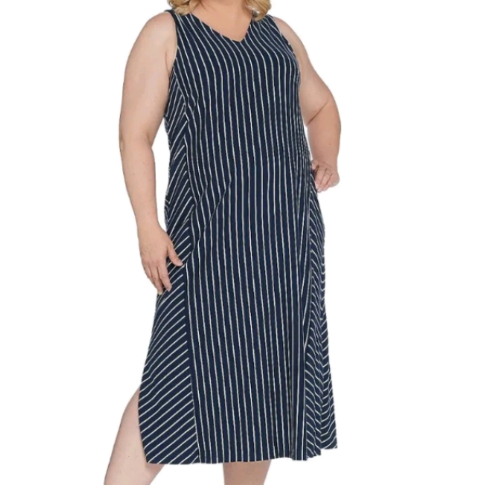 Plus Size Blue & White Sleeveless Nautical Striped V Neck Cotton Blend Dress XL